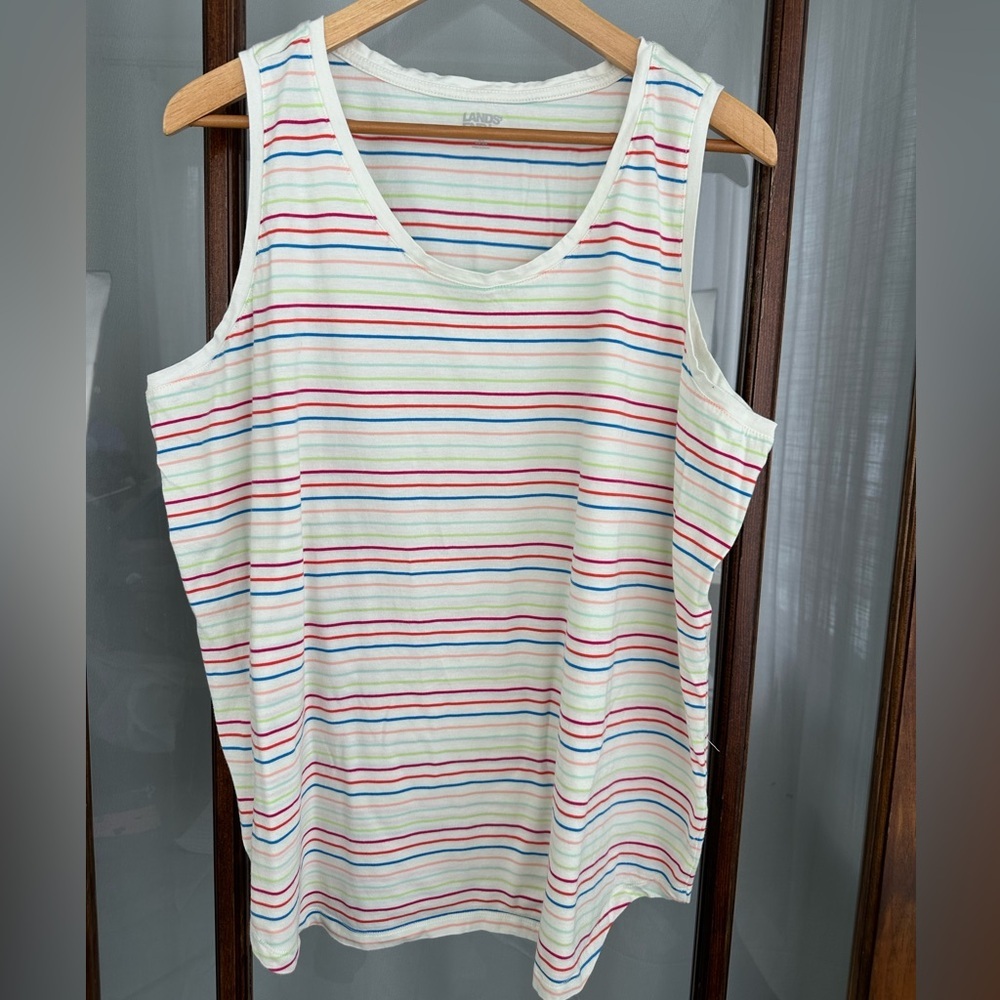 Lands End Shirt Womens 2X Rainbow Striped 100% Cotton Sleeveless Tank Top Plus
